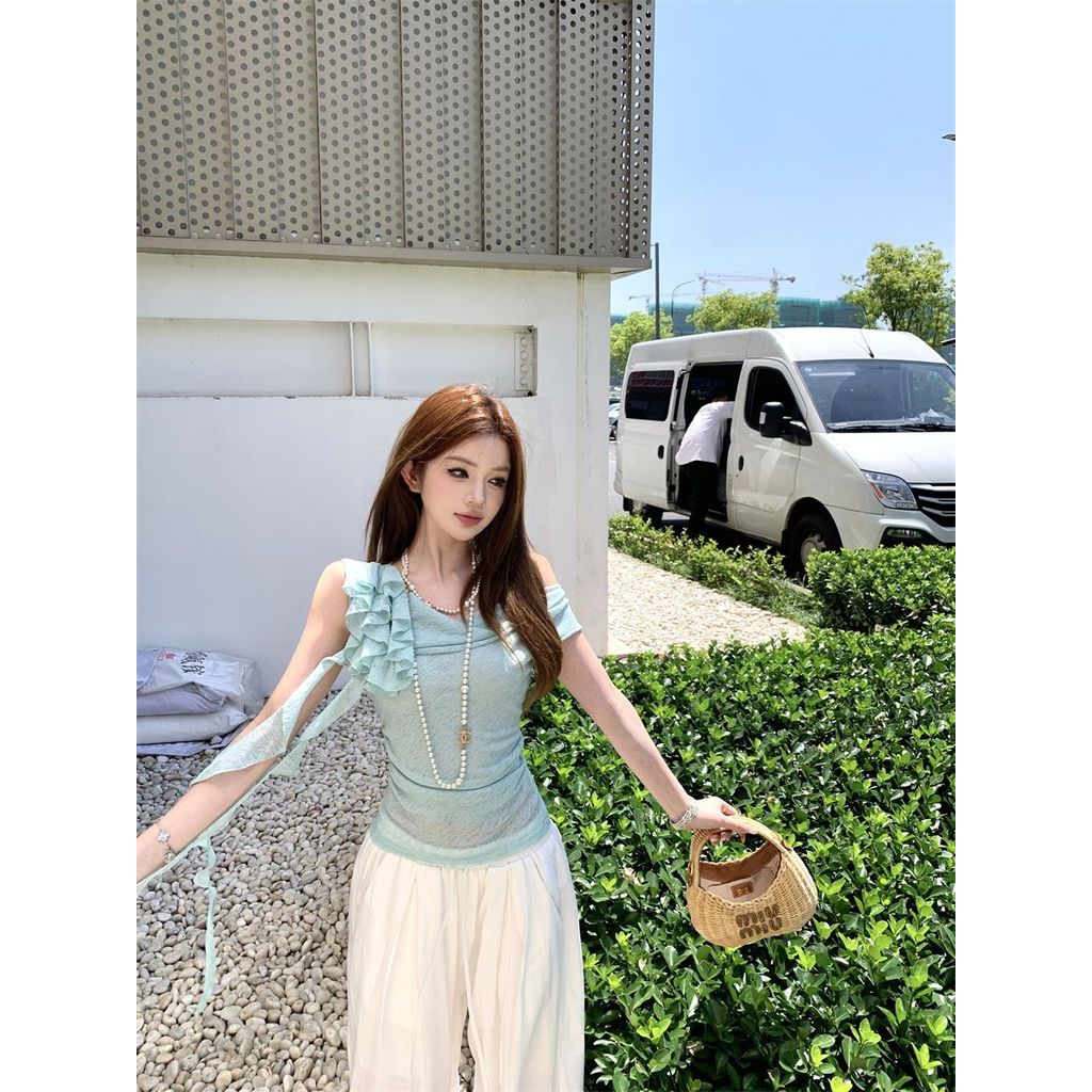 Milyfashion Pure Desire Xoay Cổ Streamer Không Tay Thiết Kế Mùa Hè Cảm Thấy Móc Áo Sơ Mi Nhỏ Hơi Trong Suốt Gạc Sang Trọng Ngắn Top