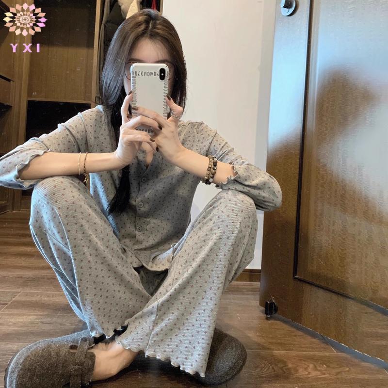 Y.X.I Retro Full-print Bộ Đồ Ngủ Hoa Ngọt Ngào Nữ Mùa Hè Cardigan Dài Tay Quần Rời Nhà Quần Áo Phù Hợp Với Mới