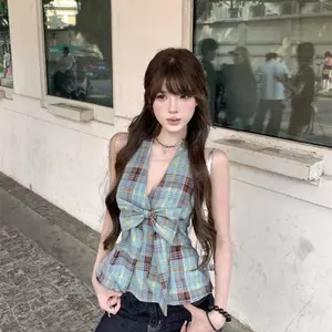 Áo Vest cổ dây kẻ sọc nơ gợi cảm mùa hè 2025 Phong cách mới eo hẹp thon gọn hơn trông ngoài mặc hàng đầu dành cho nữ