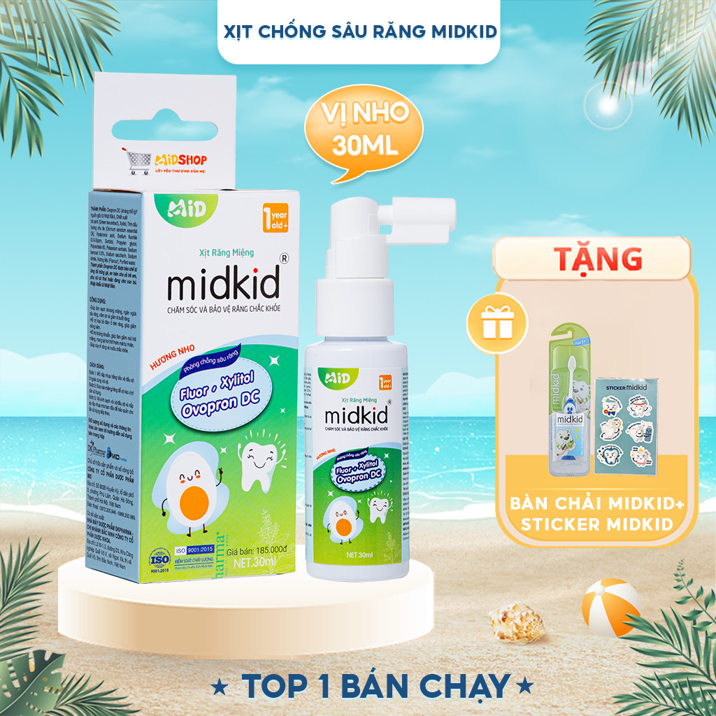 Xịt chống sâu răng Midkid cho bé từ 1 tuổi nuốt an toàn vị Nho 30ml giúp làm sạch thơm miệng loại bỏ mảng bám đen ố vàng