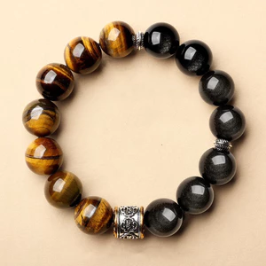 Vòng tay Obsidian mắt hổ tự nhiên Unisex - Hạt Mantra sáu chữ - Miếng đệm bạc trang trí công phu - Thủ công cổ điển dân tộc