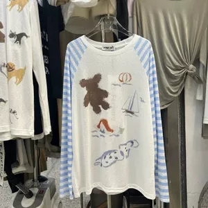 Milyfashion Trắng Xanh Sọc Raglan Áo Thun Dài Tay Nữ Thu Đông Phong Cách Hàn Quốc Lười Mỏng Siêu Đẹp Chống Nắng Áo Top IRL3