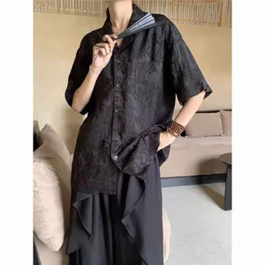 Mới Phong Cách Trung Quốc Cổ Cuba Dập Nổi Áo Sơ Mi Jacquard Top Mùa Hè Nam Nữ Retro Phong Cách Trung Hoa Áo Sơ Mi Tay Ngắn Áo Khoác