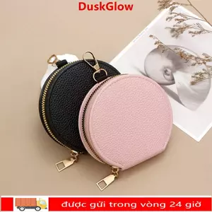 Ví đựng tiền xu DUSKGLOW, Dây kéo có dây chuyền Ví tròn, Túi đựng tiền bằng da PU màu trơn phong cách Hàn Quốc dành cho nữ Cô gái