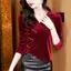 Áo Sơ Mi Nữ Tay Dài Màu Đỏ Chắc Chắn Nữ Cổ Sườn Xám Cổ Chữ V Áo Sơ Mi