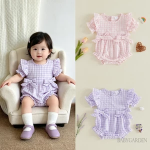 Bé Gái Mùa Hè Kẻ Sọc Áo Liền Quần Cổ Nơ Xù Tay Ngắn Quần Áo Dễ Thương