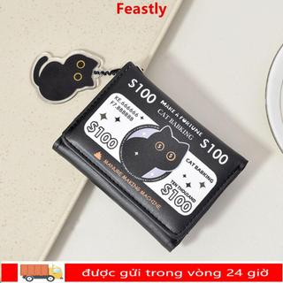 Ví đựng tiền xu nữ bằng da FEASTLY, Ví may mắn lễ hội ba lần bằng da PU, Công suất lớn tối giản Đen + Trắng Cat Babking Design Ví Mini dành cho nữ