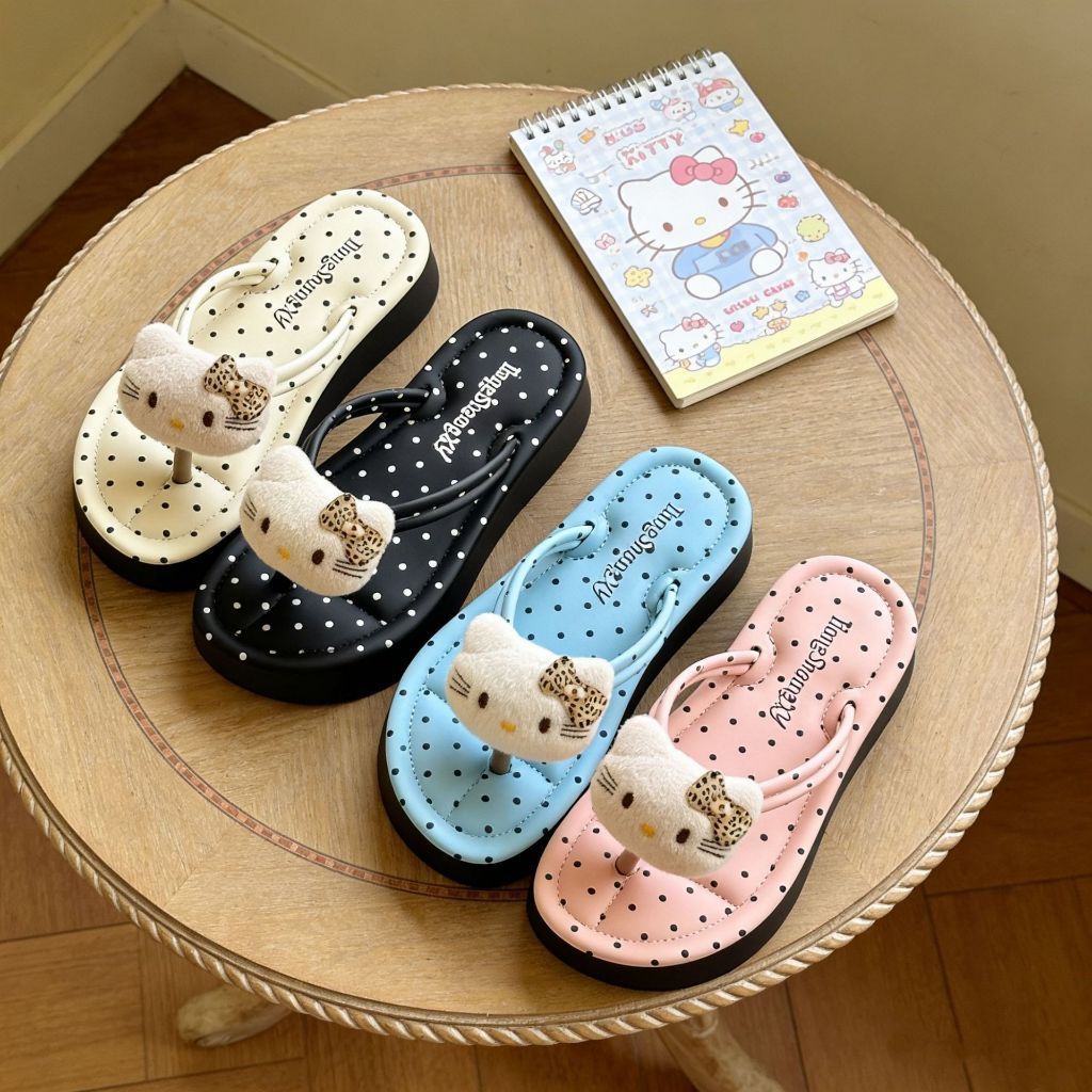 Dép Xỏ Ngón Nữ HomeMate Họa Tiết Kitty Dễ Thương, Đế Cao 3.5cm Chống Trượt Đi Biển Êm Chân