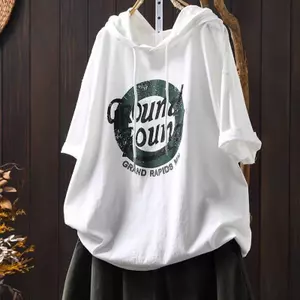 Áo thun ngắn tay có mũ trùm đầu có dây rút in chữ dành cho nữ cỡ lớn Mùa hè Retro Áo thun thời trang hàng đầu