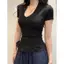 Pure Desire Retro Hot Girl Style Áo thun ngắn tay khâu ren cổ chữ V cho nữ mùa xuân Phong cách mới Slim-fit Slimmer Look Bottoming Shirt Top