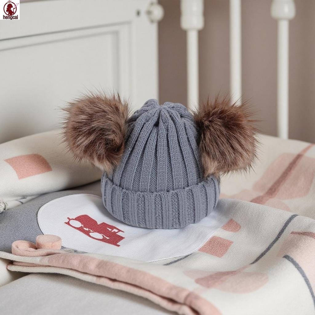 Mũ Trẻ Em Khăn Cho Trẻ Sơ Sinh 6-36 Tháng Với Lông Gấu Trúc Giả Pom Pom Thiết Kế Quả Bóng Kép Mùa Đông Ấm Áp