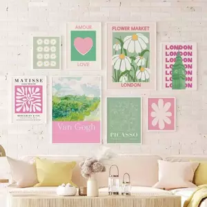 Pink Green Gallery Wall Canvas Painting Cute Bohemian Love Art Home Wall Decor Canvas Poster