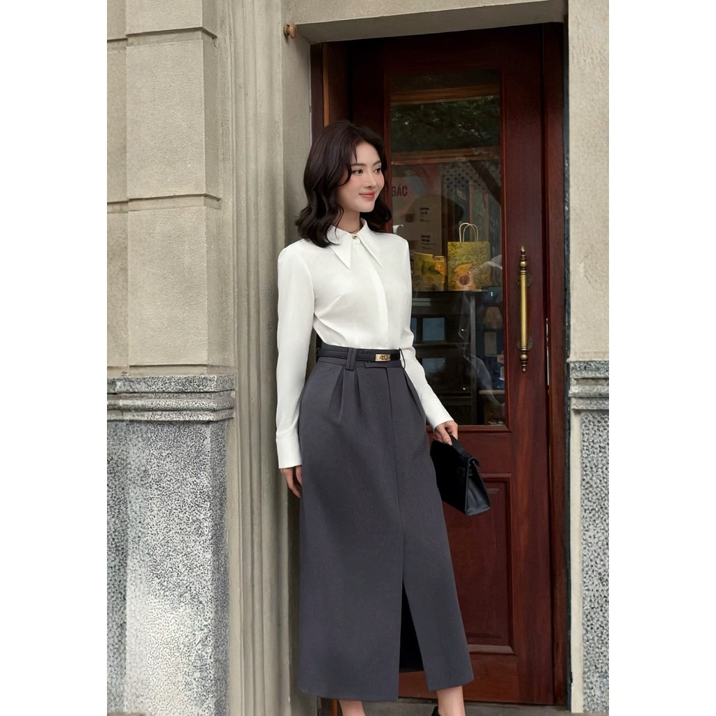 Áo sơ mi nữ ELLA DORA phối cúc cổ nẹp giấu dáng suông thanh lịch phong cách hiện đại công sở [SM168]