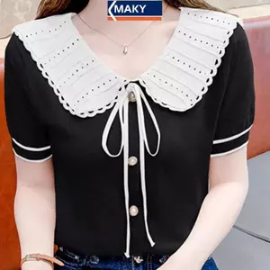 Áo sơ mi nữ phong cách Hàn Quốc mùa hè với chiếc nơ cổ ruffle búp bê và tay ngắn