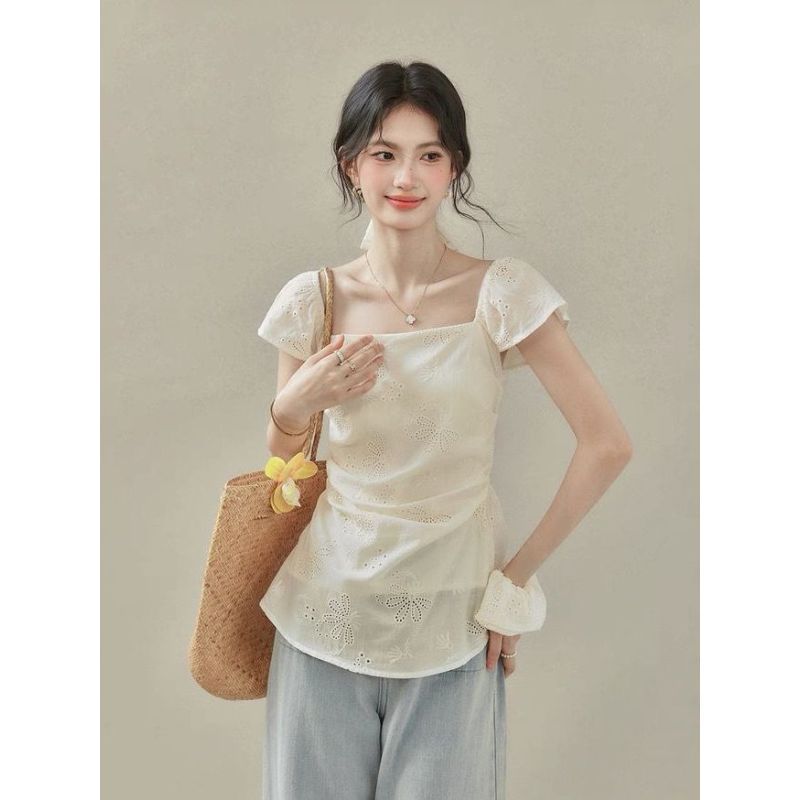 Áo sơ mi eo hẹp phong cách Pháp, cổ vuông, tay ngắn, thích hợp cho mùa hè