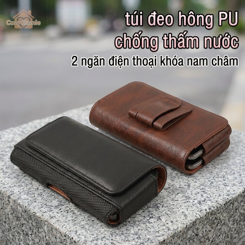 túi đeo hông da PU cao cấp chống thấm nước khóa nam châm đựng điện thoại lớn bền bỉ đi làm du lịch