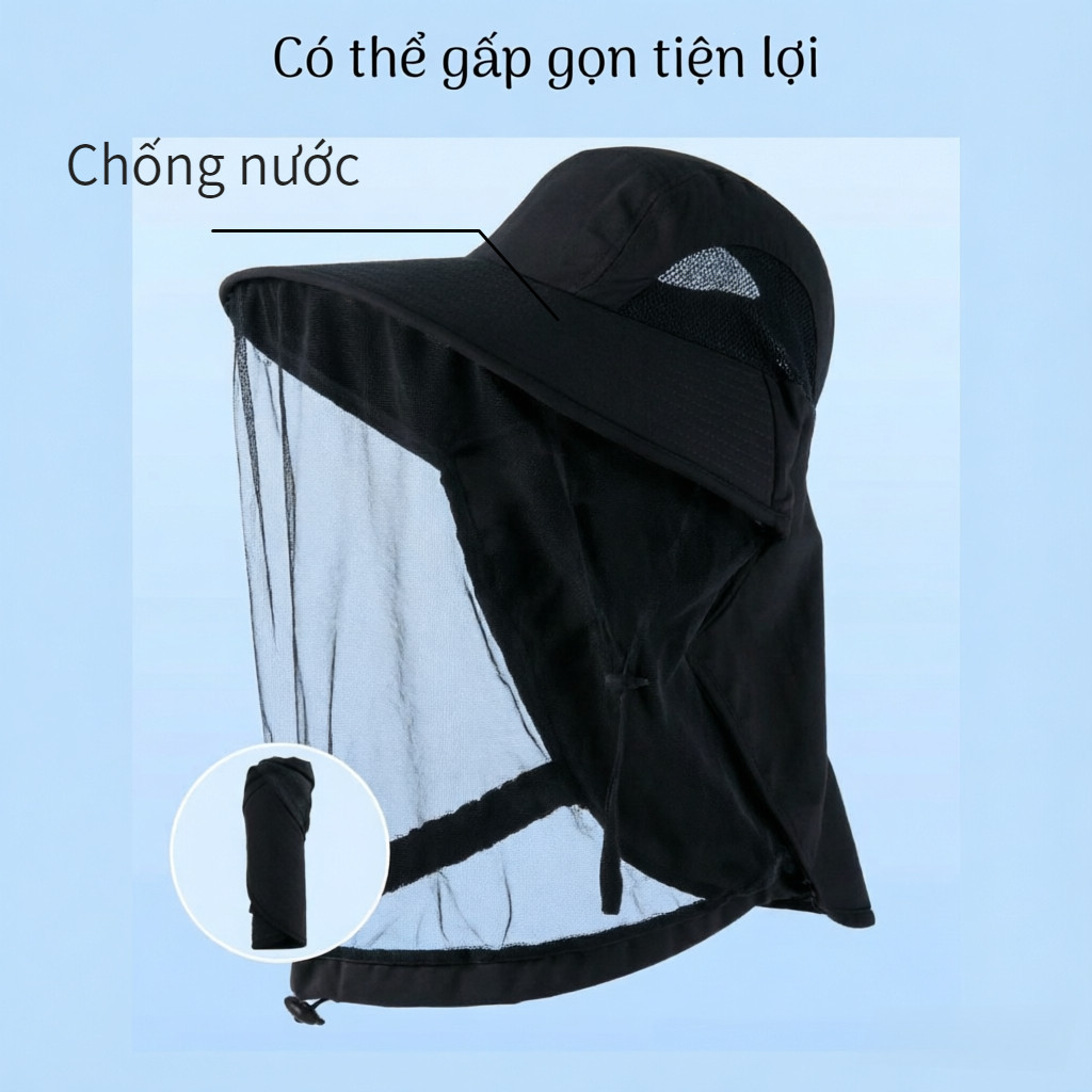 【COD】Mũ chống muỗi ngoài trời màu đen chống nước, chống nắng, chống ong và côn trùng đốt, lý tưởng cho người đi rừng.