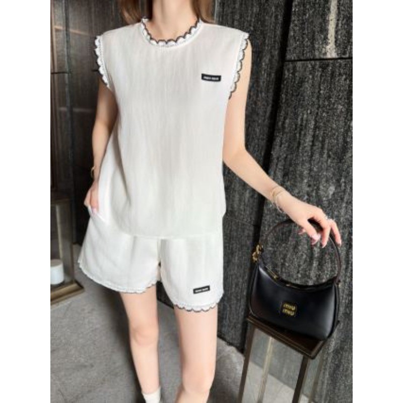 Bộ đồ nữ mới có áo Vest và quần short vải lanh cổ tròn