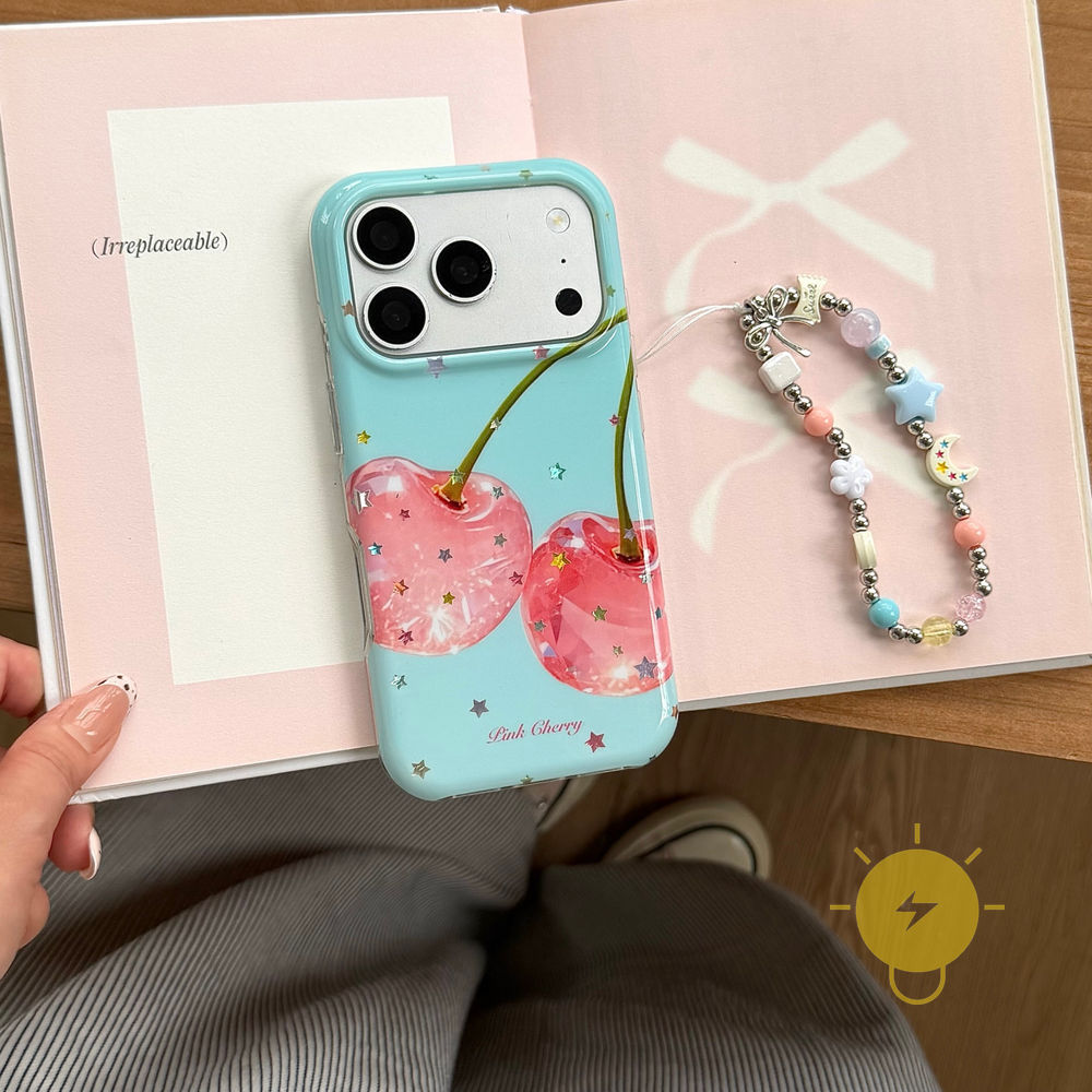 Phone Case For iPhone 17 Pro Max 16 15 14 13 TPU Keychain Chain Colorful Cherry Aesthetic Korean Cute