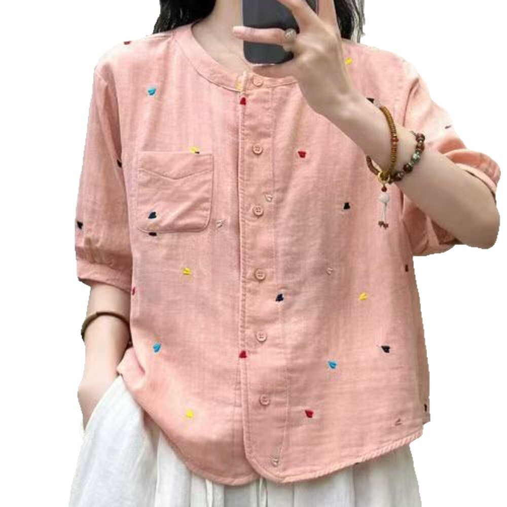 Áo sơ mi nữ chấm bi thêu trắng, cotton, phù hợp cho mùa hè