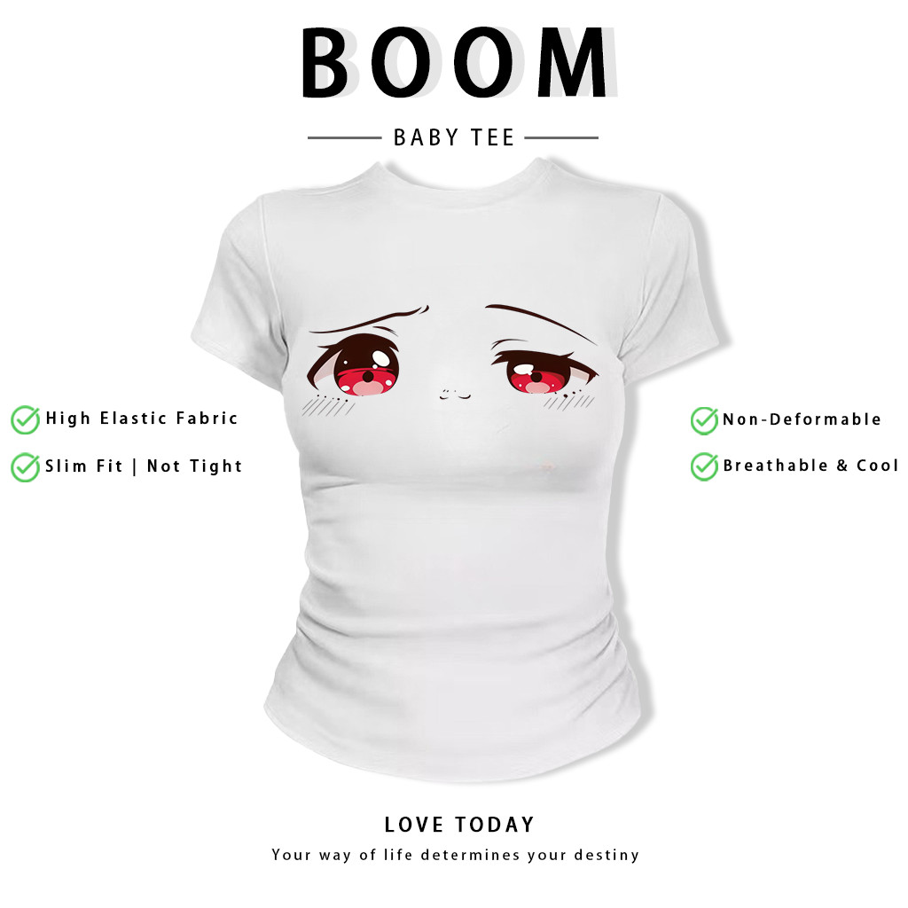 BOOM Áo Baby Tee Nữ Cotton Ôm Body-Áo Thun Ngắn Tay Y2K In Hình PhongCách Mùa Hè, Cổ Tròn Hàng Đầucách hàn quốc phongK12