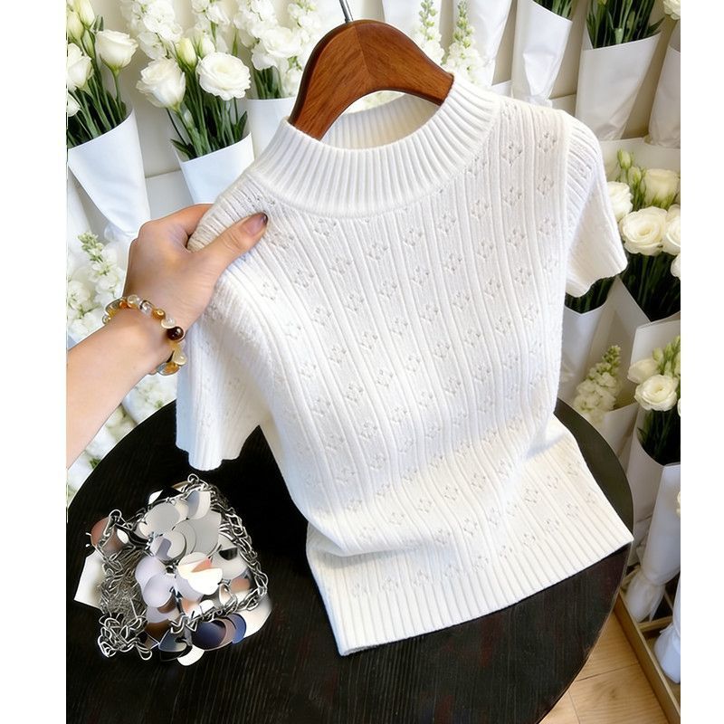 Áo Len Cổ Nửa Cao Phong Cách Ngọt Ngào Kiểu Pháp, Thiết Kế Jacquard Pit Strip Cho Đầu Mùa Hè