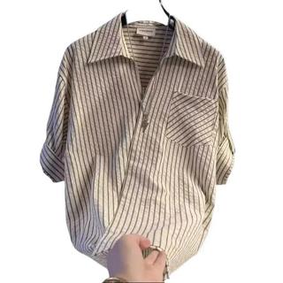 Sơ mi ngắn tay kẻ sọc vải bong bóng unisex, sơ mi khoác ngoài thanh lịch mùa hè nam nữ