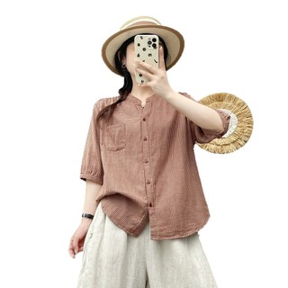 [Hàng có sẵn] Áo sơ mi nữ Cotton Cổ chữ V Kẻ sọc nhỏ tay vừa mùa hè Áo Skinny thường ngày mới