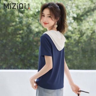 【MiZiQi】Áo thun ngắn tay có mũ trùm đầu cho nữ, áo hai dây giả mùa hè