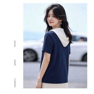 【MiZiQi】Áo thun ngắn tay có mũ trùm đầu dành cho nữ, Áo cổ chữ V giả hai mảnh mùa hè