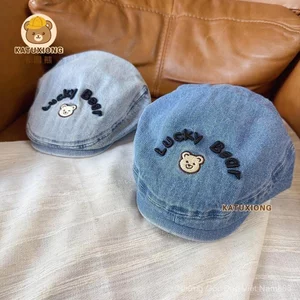 ins Hoạt Hình Gấu Thêu Phía Trước Mũ Giặt Denim Retro Mũ Nồi Thời Trang Bé Trai Mũ Hợp Thời Trang