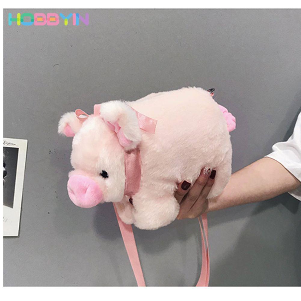 HOBBYIN Túi xách đeo chéo lông hồng hoạt hình lợn cho nữ, phong cách thời trang