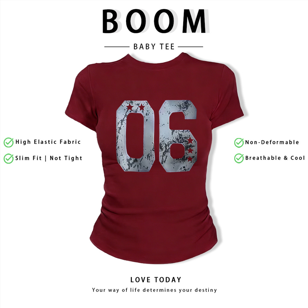 BOOM Áo Baby Tee Nữ Cotton Ôm Body-Áo Thun Ngắn Tay Y2K In Hình PhongCách Mùa Hè, Cổ Tròn Hàng Đầucách hàn quốc phongG19