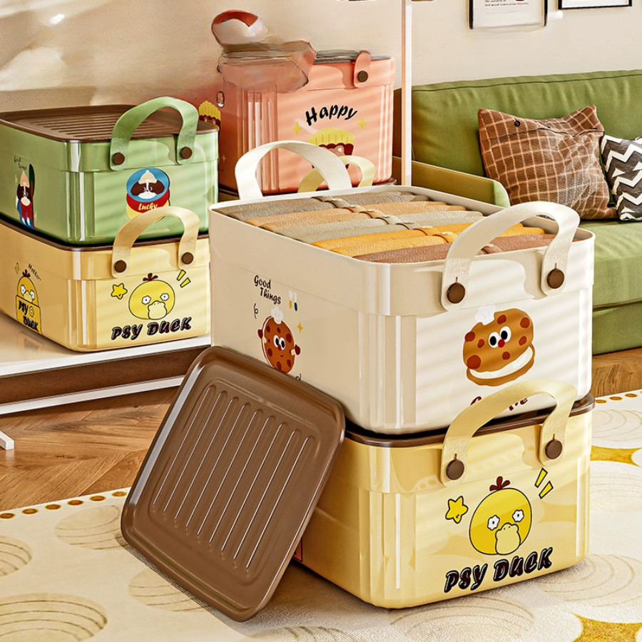 Thùng Nhựa Đựng Đồ Đa Năng Có Nắp Hoạt Hình Cookie, Hộp Đựng Quần Áo Chăn Mền Đồ Chơi Có Quai Xách Tiện