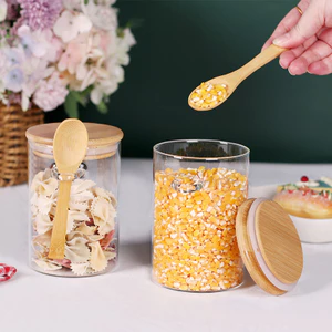Hàng sẵn có có nắp tre và thìa đựng gia vị Bình đựng kẹo cà phê 510ML Sữa chua trà số lượng lớn Bột yến mạch Bình kín WCEI