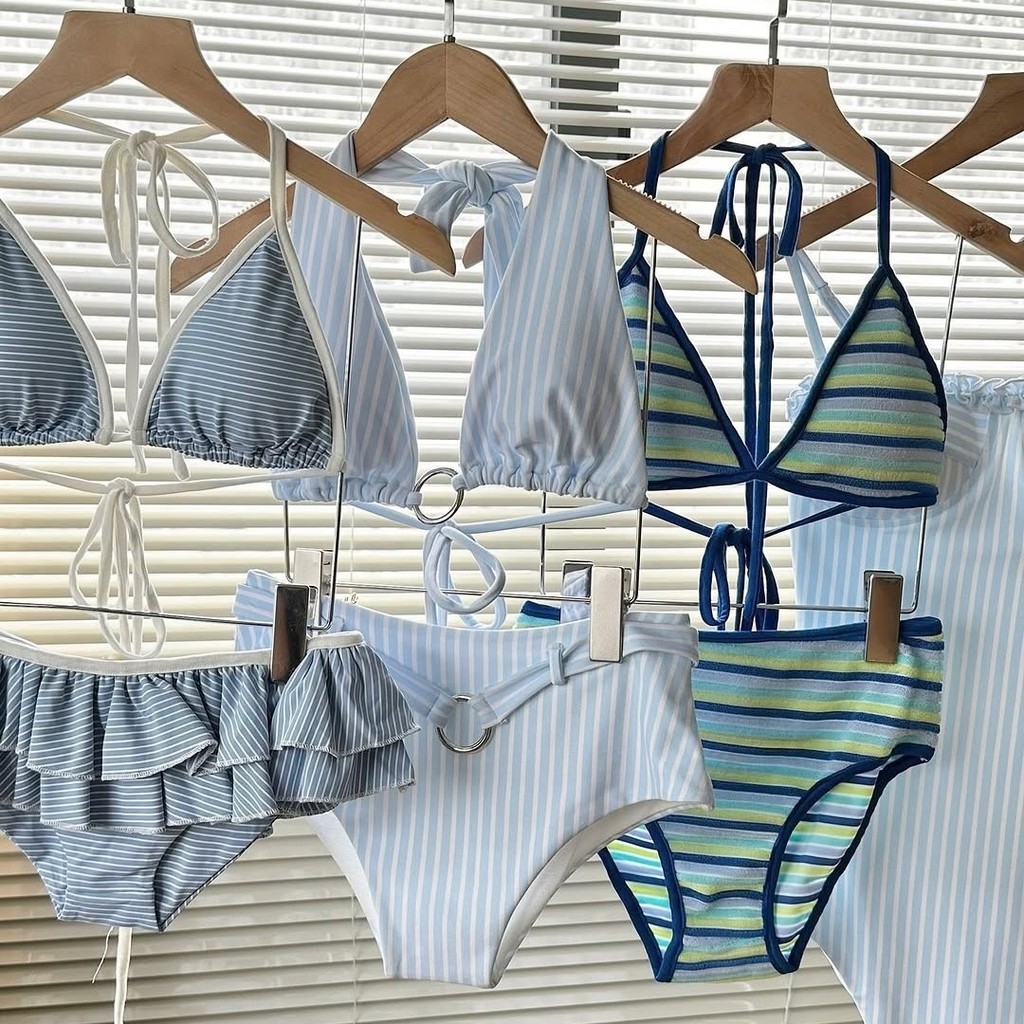 Châu Âu Mỹ Thời Trang Sọc Tươi Lá Sen Cổ Cao Chia Bikini Đồ Bơi Nữ