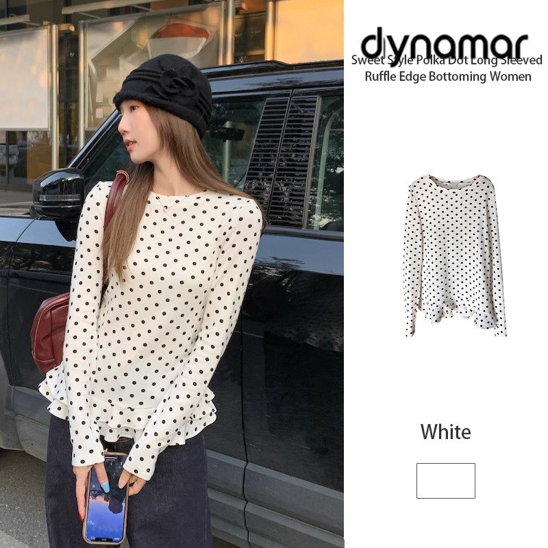 【dynamar】HÀNG CÓ SẴN-Áo thun dài tay chấm bi kiểu dáng ngọt ngào, viền bèo nhún, cổ tròn dành cho nữ.