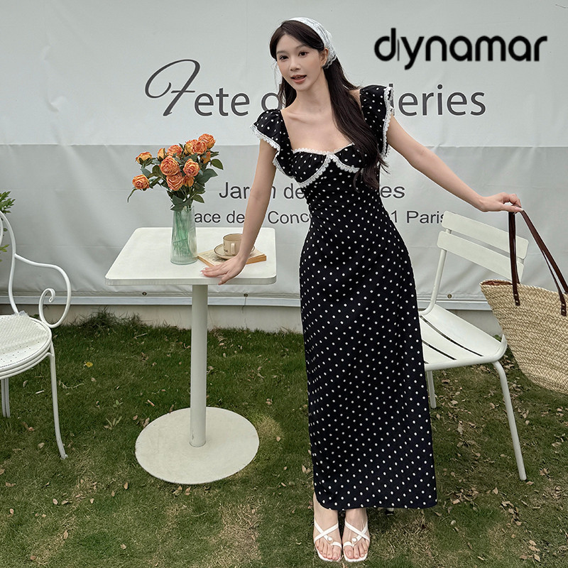 【dynamar】Hàng Có Sẵn-Váy chấm bi màu đen dành cho nữ, váy hở lưng, phong cách hàn quốc đầm body dáng dài thời trang nữ