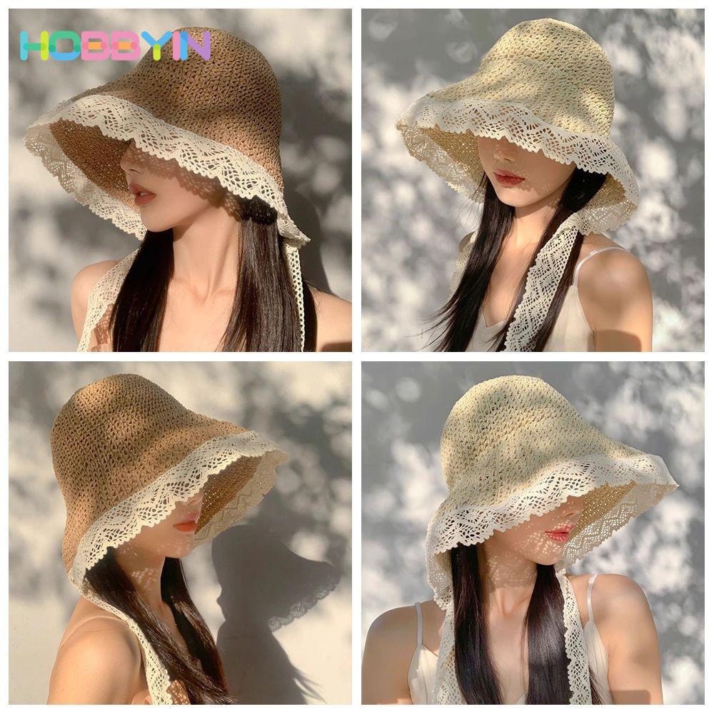 Mũ rơm Hobbyin vành lớn chống nắng, gập lại được, bảo vệ UPF 50+ cho nữ và bé gái