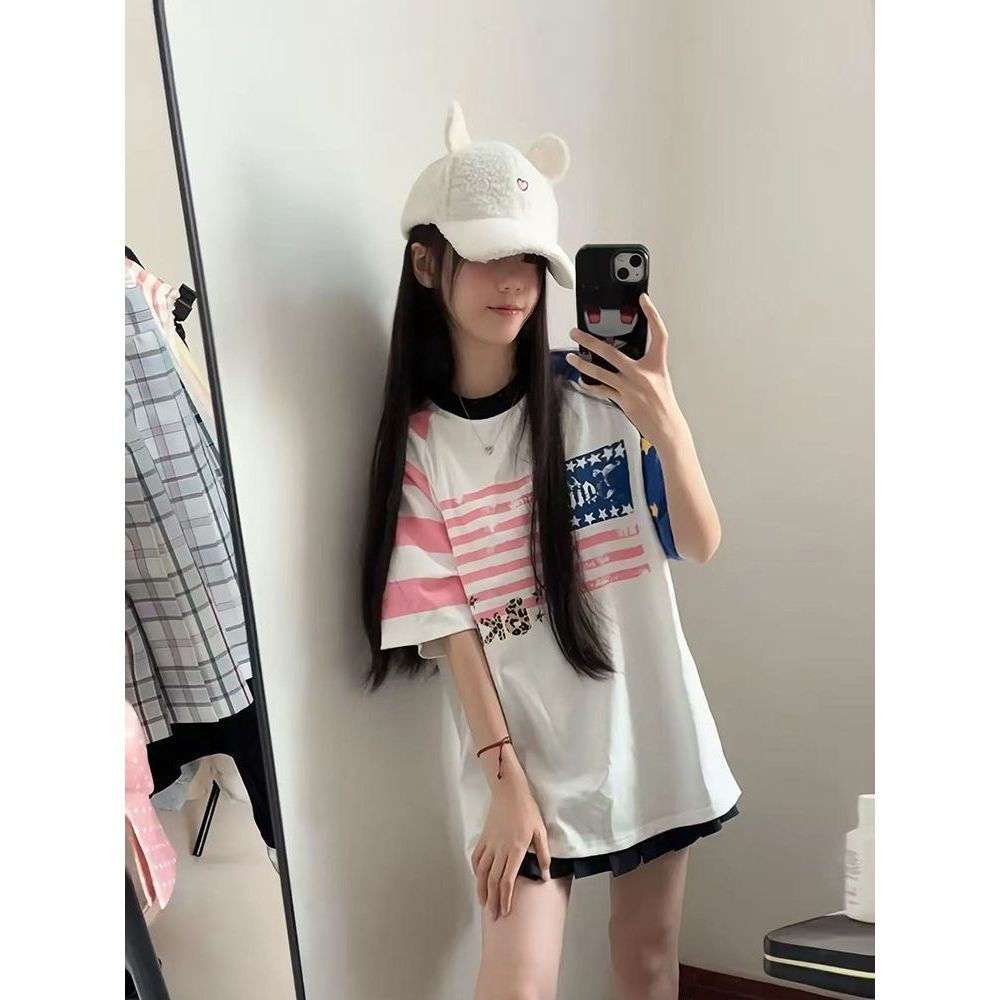 Milyfashion Áo Thun Tay Ngắn Màu Sắc Tương Phản Ngôi Sao, Phong Cách Mỹ Preppy Style Mùa Hè