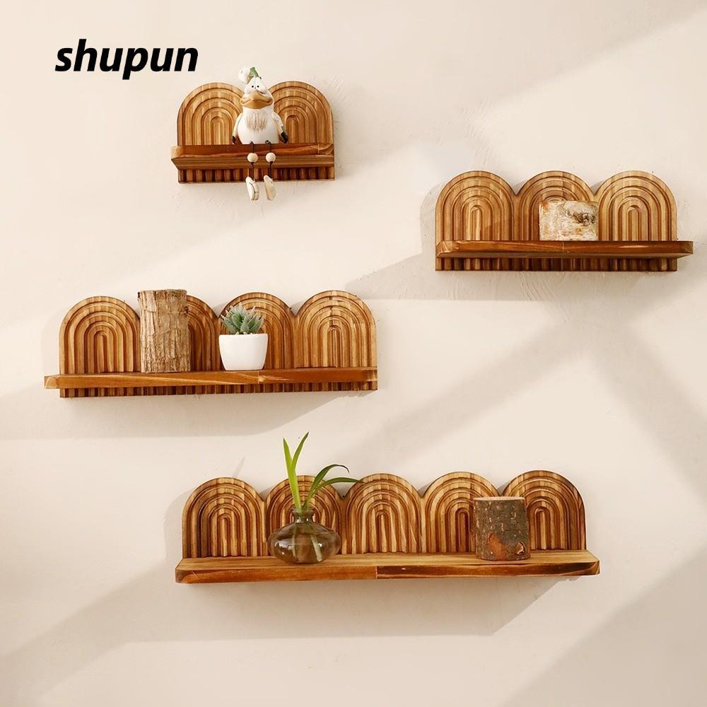 Kệ gỗ SHUPUN Boho, Kệ treo tường vòm nhiều lớp có ren thiết kế cầu vồng, Giá lưu trữ trang trí treo tường nổi hình học Màn hình thực vật