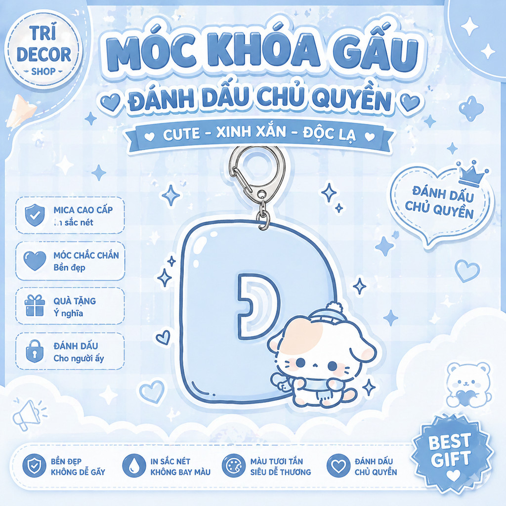 móc khoá chữ cái gấu mùa đông dễ thương