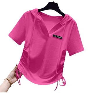 Áo thun ngắn tay có mũ trùm đầu bằng lụa băng mùa hè thời trang phù hợp với dây rút không đều phía dưới ngắn