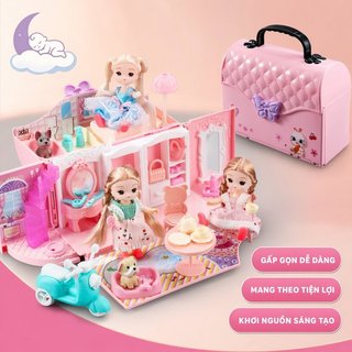 Công Chúa Nhà Búp Bê Playset Màu Hồng Mang Theo Túi Búp Bê Mini Xe Tay Ga Đồ Chơi Quà Tặng Bé Gái