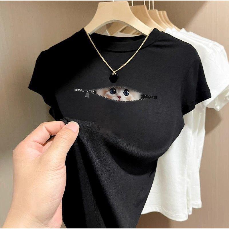 BOOM Áo Baby Tee Nữ Cotton Ôm Body-Áo Thun Ngắn Tay Y2K In Hình PhongCách Mùa Hè, Cổ Tròn Hàng Đầucách hàn quốc phongR61