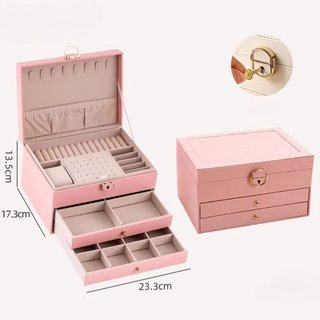Hộp Trang Sức 3 Tầng Nhung Lót Có Thể Khóa PU Ngăn Kéo Tổ Chức Lưu Trữ Du Lịch