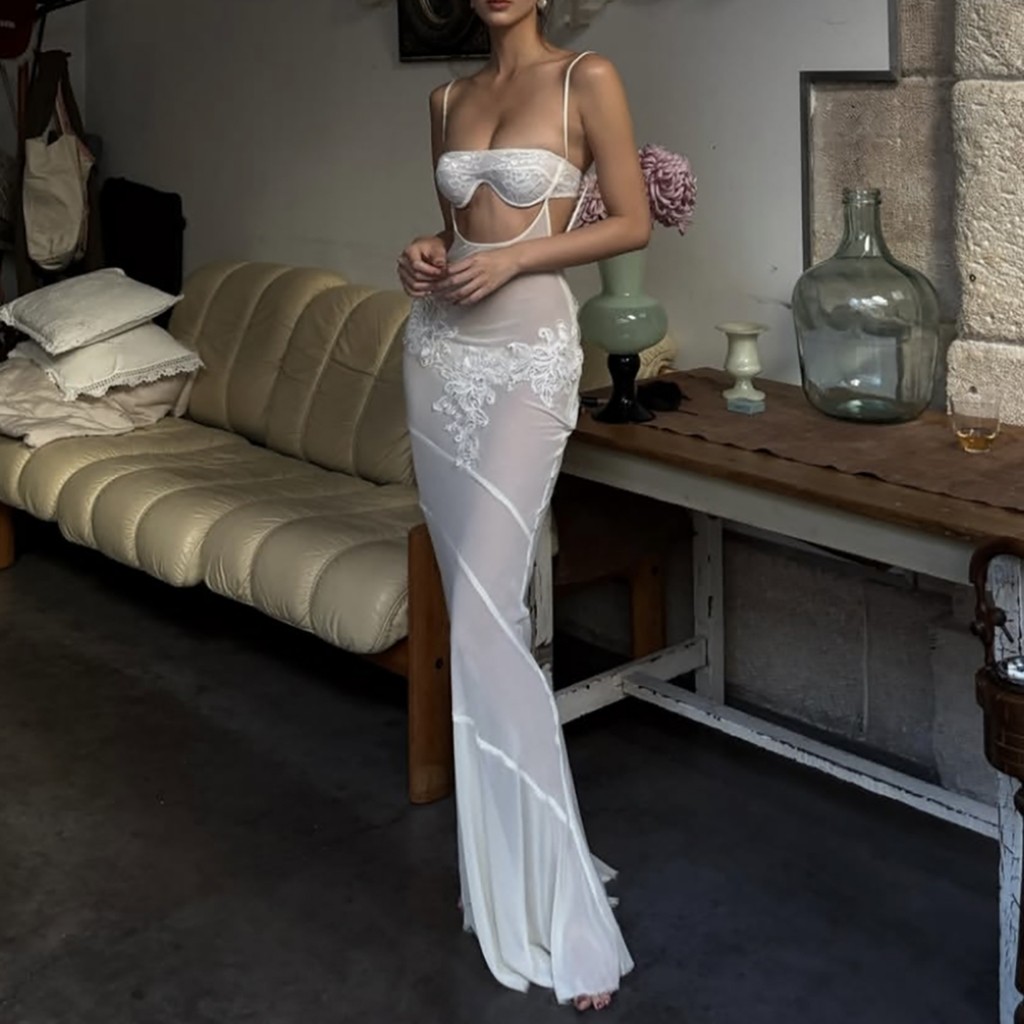Đầm maxi nữjacquard chắp vá lưng gợi cảm có viền rỗng, phù hợp cho kỳ nghỉ sang trọng