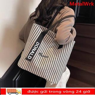 Túi Tote METALWRK, Túi đeo vai đa chức năng sọc, Túi vải Canvas thời trang dung tích lớn dành cho nữ