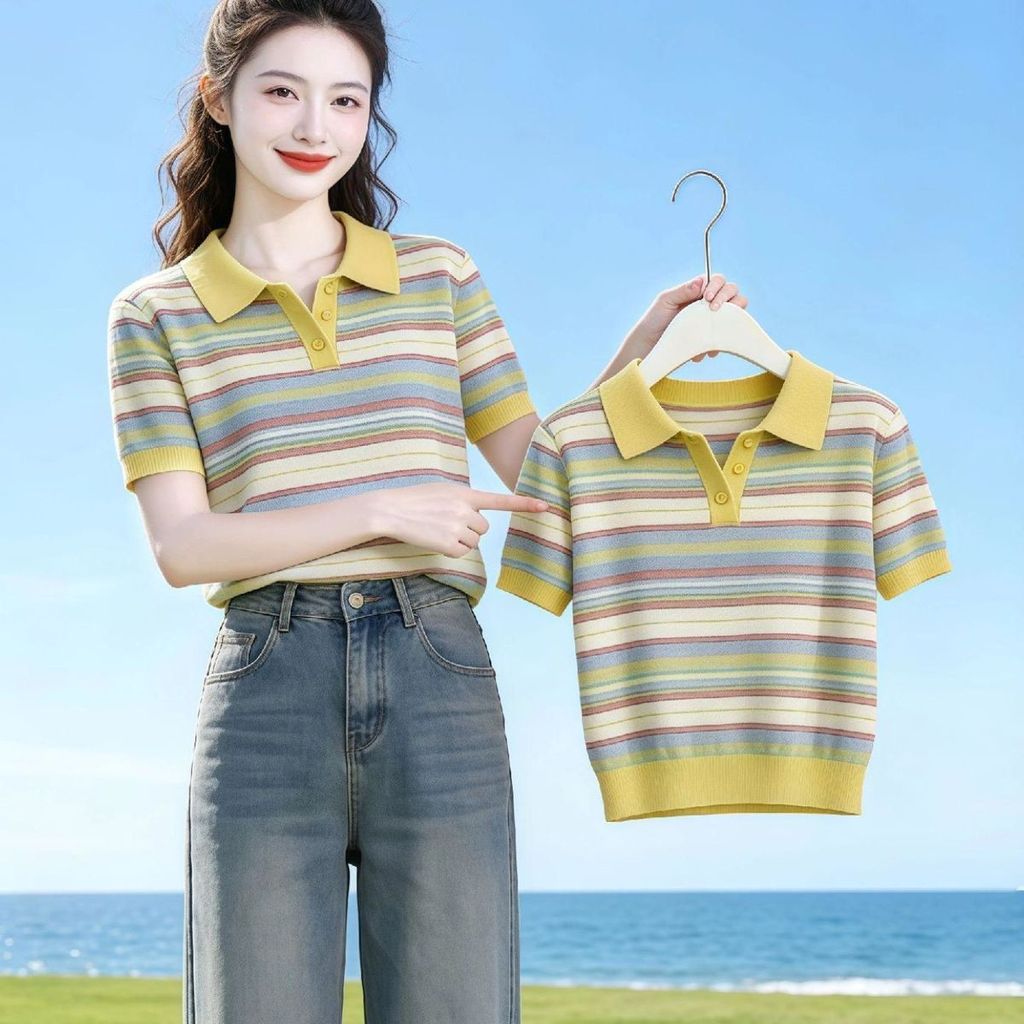 Mùa hè 2026 Phong cách mới · Áo sơ mi POLO đi lại đơn giản | Áo len sọc khóa màu Dopamine phong cách lười biếng độc quyền hơi béo MM | Phụ nữ mỏng tay ngắn thời trang giảm tuổi dáng ôm hơn mọi người-