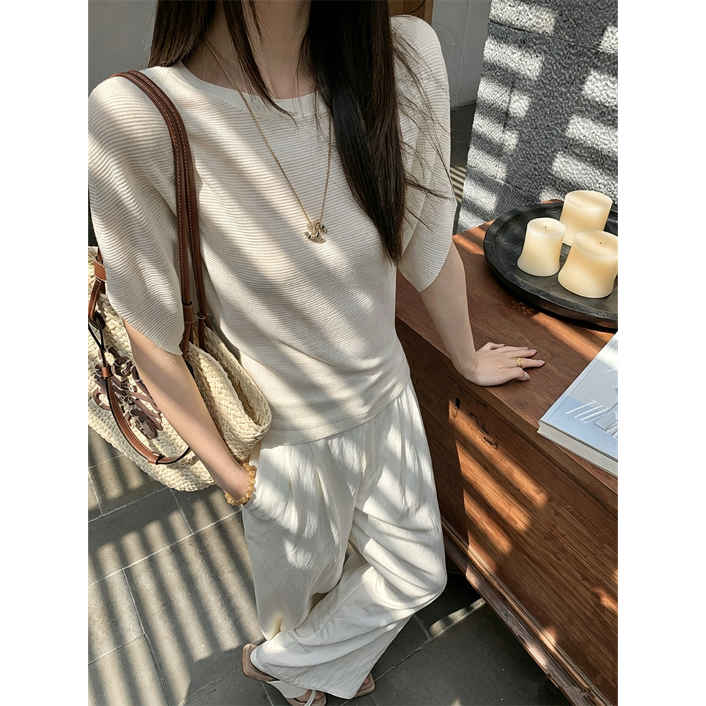 SUXI Áo thun dệt kim ngắn tay màu trơn nhẹ nhàng dành cho nữ mùa hè mới 260430
